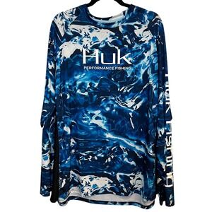 Huk Performance Fishing Shirt Long Sleeve Blue Mossy Oak Hydro Camo Mens XXL 2XL